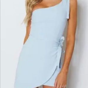 White fox sz small baby blue linen blend lined one shoulder dress